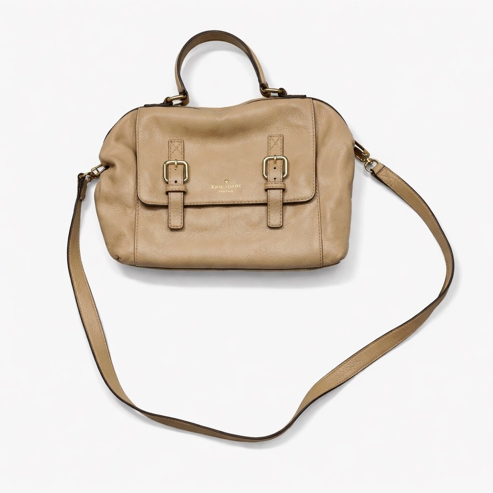 Kate Spade New York Tan Leather Satchel Crossbody Bag Gold Buckle Detail